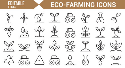Set of eco-farming icons including wind turbines, irrigation, and farm equipment.