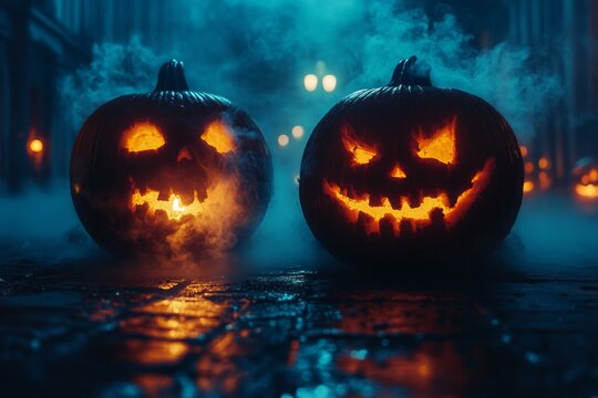 Two spooky jack-o’-lantern pumpkins glowing on cobbled street surrounded by smoke and deep blue Halloween night lighting - Powered by Adobe