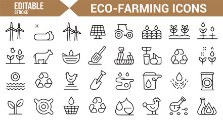 Vector icons set for sustainable farming, agricultural technology, and clean energy.