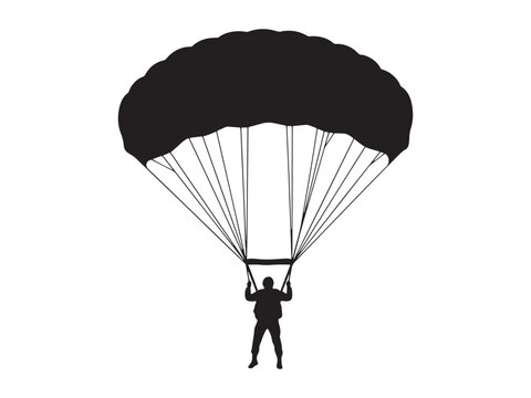 Parachuting person landing safely silhouette. Skydiver descending with parachute in midair captured as dynamic black silhouette figure