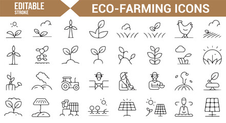 Fototapeta premium Icons for eco-farming, agriculture, and sustainability with renewable energy elements.