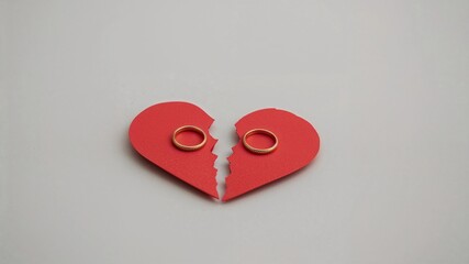 Two golden wedding rings on sides of a red torn paper heart on gray background, divorce and marriage or relationship breakup concept, copy text space
