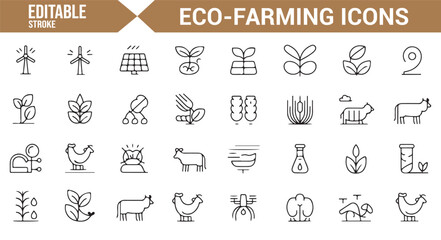 Set of vector icons for eco-friendly farming, tractors, and agricultural technology.