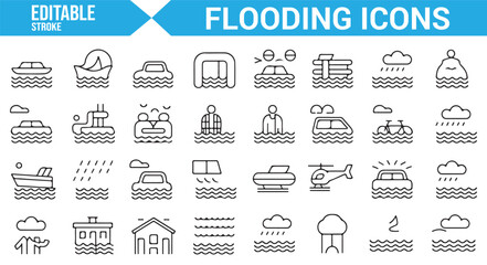 Editable icons representing flooding, emergency responses, and water-related disasters.