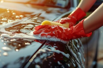 Hands wearing red gloves are washing a black car with soap and water, showcasing the cleaning process in bright sunlight, highlighting the shine and cleanliness of the vehicle