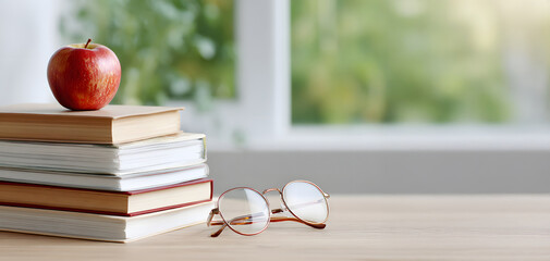 Fresh start with books and apple for school preparations, copy space Generative AI