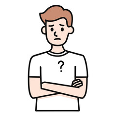 Cartoon man wonders with arms crossed and a question mark on his shirt