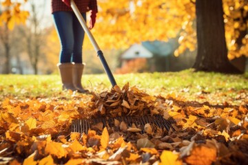 Individual raking colorful autumn leaves in a vibrant garden, surrounded by golden foliage and a serene atmosphere, showcasing seasonal outdoor activities and nature's beauty