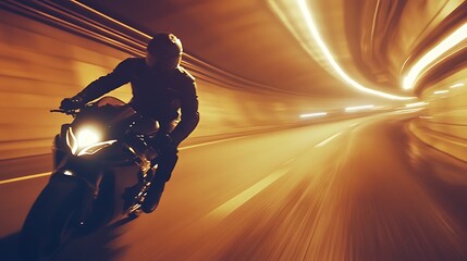 Man riding sport motorcycle in tunnel with motion blur. Adventure and journey concept with speed and thrill. Fast vehicle for transport