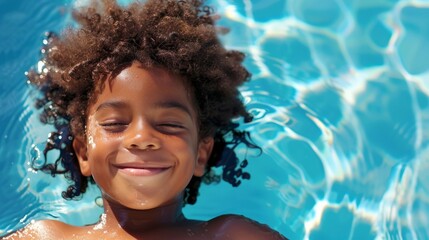 Young boy with curly hair is smiling joyfully while floating in a clear blue swimming pool, capturing the essence of summer fun and carefree childhood moments