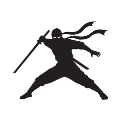 Silhouette of ninja warrior in attack stance holding sword ready for combat. Ninja warrior in battle stance silhouette