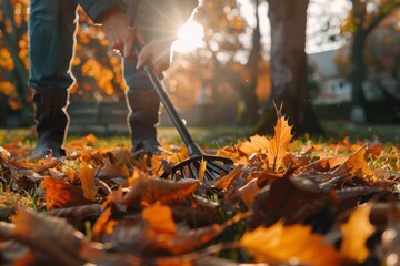 Individual raking vibrant autumn leaves in a sunlit park, surrounded by trees, showcasing the beauty of seasonal change and outdoor gardening activities