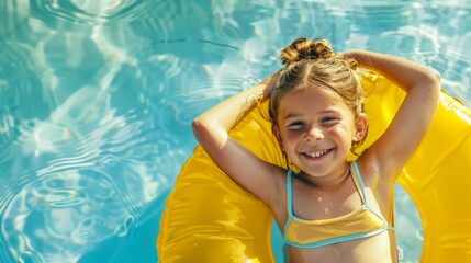 Young girl with brown hair relaxing in a bright yellow inflatable ring, enjoying a sunny day in a swimming pool, surrounded by shimmering water and playful reflections