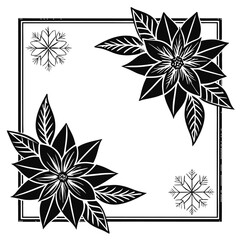 Obraz premium Elegant black and white floral christmas border with poinsettias and snowflakes design