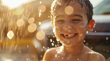 Young boy with dark hair is joyfully playing in water, surrounded by sparkling droplets and sunlight, capturing the essence of childhood happiness and carefree moments