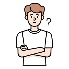 Fair skinned man with crossed arms appears thoughtful next to question mark