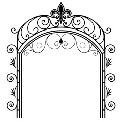 Elegant black wrought iron archway with fleur-de-lis ornamentation on a white background
