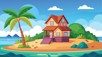Fototapeta premium Cartoon Beach House on Island with Palm Tree and Blue Ocean Scenery
