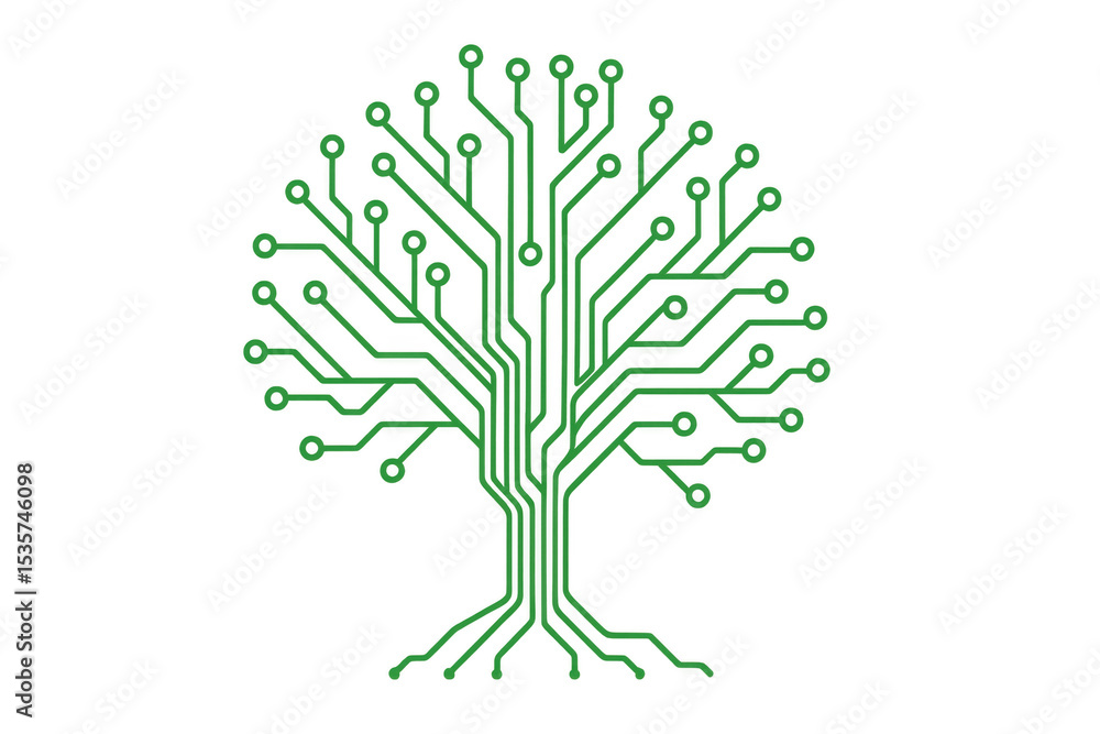 Poster green electronic circuit board designed like branching tree, representing technological evolution ag