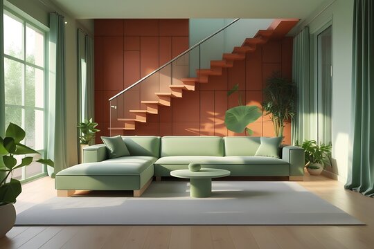 Modern living room with sage green sofa and terracotta wall