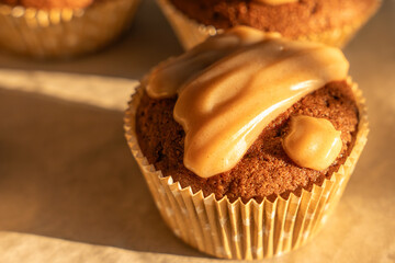 A single muffin with unevenly spread icing in the golden sunlight. The texture of the batter is clearly visible.