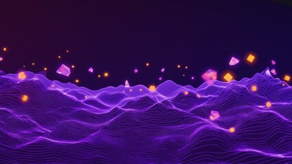 Vibrant 3D digital landscape with glowing purple wireframe waves and floating orange particles, creating a futuristic and abstract environment ideal for tech, gaming, or sci-fi inspired flow visuals.