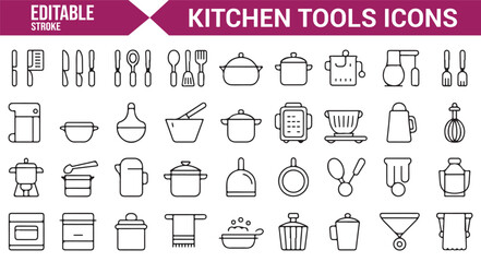 Naklejka premium Set of vector kitchenware icons featuring cooking pots, pans, and cutlery for digital use.
