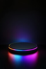 Led light illuminated empty round podium in darkness. Product display design for advertising and presentation