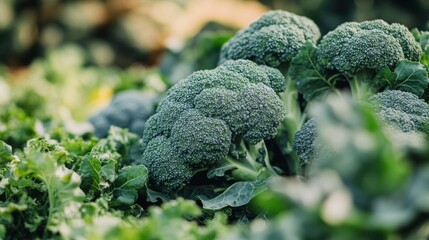 Fresh green broccoli heads growing in a lush garden surrounded by leafy greens, showcasing vibrant colors and healthy produce in a natural setting