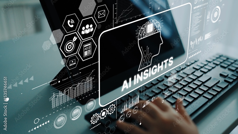 Aufkleber hand typing on keyboard with ai insights visualization on screen for technology and data analysis. a