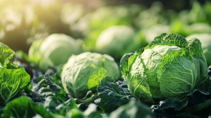 Fresh green cabbages growing in a lush field, surrounded by vibrant leaves, illuminated by soft sunlight, showcasing the beauty of agricultural produce and nature's bounty