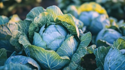 Fresh green cabbages growing in a vibrant agricultural field, showcasing lush leaves and healthy produce, representing organic farming and sustainable agriculture practices