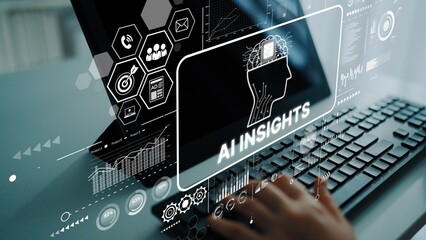 Hand Typing on Keyboard with AI Insights Visualization on Screen for Technology and Data Analysis....