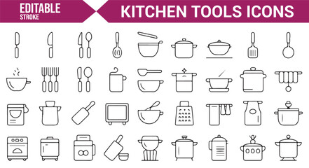 Kitchen appliances and utensils in editable vector style for cooking and meal prep.