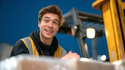 Worker unloading goods from delivery truck using forklift