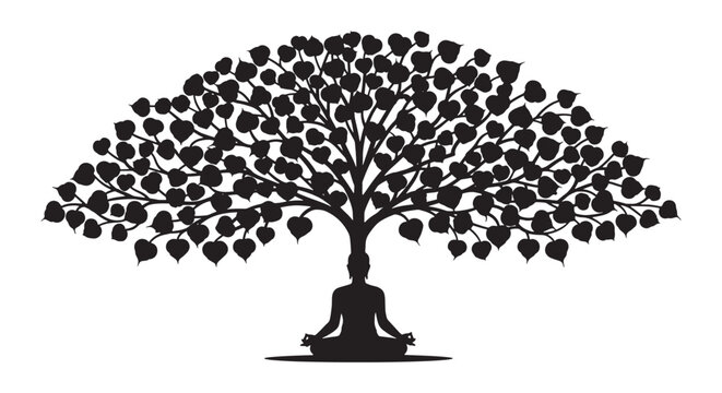 Buddha silhouette meditating under Bodhi tree vector illustration. Buddha silhouette under Bodhi tree, meditation vector