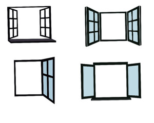 Vector drawing of an open window, isolated object in sketch style. Open home window to the outside illustration.
