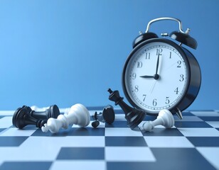 Chess Pieces and Alarm Clock on Game Board