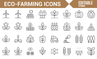 Editable vector icons for renewable farming, farm animals, and crop management.