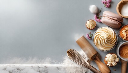 Delicate creations on a marble surface with tools and ingredients for sweet baking fun