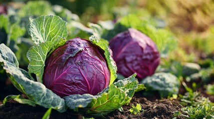 Fresh red cabbage heads growing in a lush garden, surrounded by green leaves and rich soil, showcasing vibrant colors and healthy produce in a natural setting