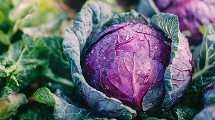 Fresh purple cabbage with dew drops glistening on its leaves, surrounded by vibrant green foliage, showcasing the beauty of organic farming and healthy produce