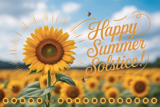 Happy summer solstice sunflower field greeting