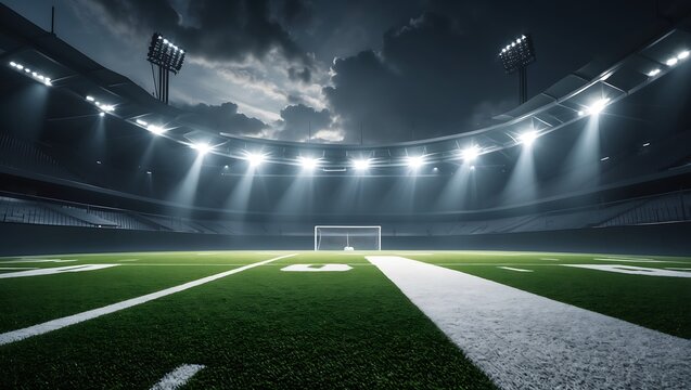 Night Football Stadium Dramatic Lighting and Empty Field