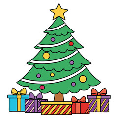 Fototapeta premium Festive cartoon christmas tree decorated with ornaments and gift boxes below