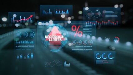 Infographic Displaying Concepts of Reciprocal Tariffs with Statistical Data and Graphical Visualization at Nighttime Urban Setting. Consignment.