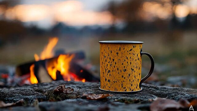 Rustic Yellow Mug Beside Campfire At Dusk