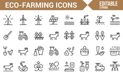 Set of editable eco-farming icons featuring plants, tractors, and farming equipment.