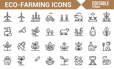 Editable vector icons for eco-farming, renewable energy, and sustainable agriculture.