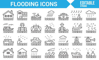 Editable icons for water disasters, flooding, and emergency shelters.